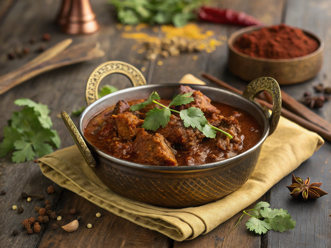 Signature Chettinad spiced curry with tempered curry leaves and stone ground spices