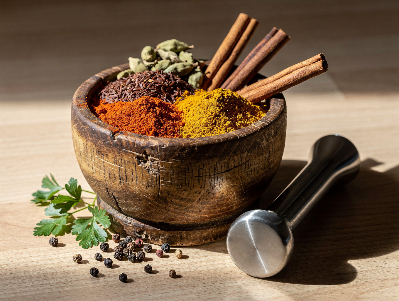 Traditional stone mortar and pestle with whole roasted spices