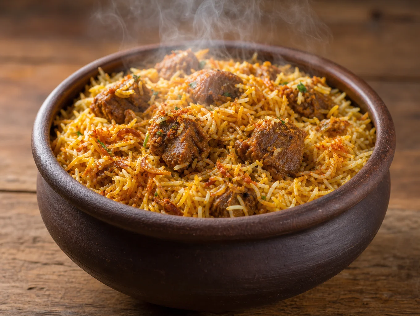 Clay pot biryani steaming gently with fresh curry leaves