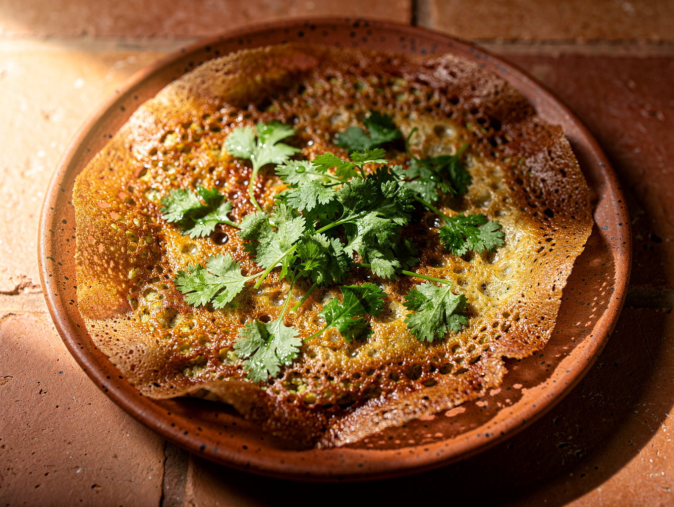 Crisp golden dosa roasted on seasoned cast-iron tava