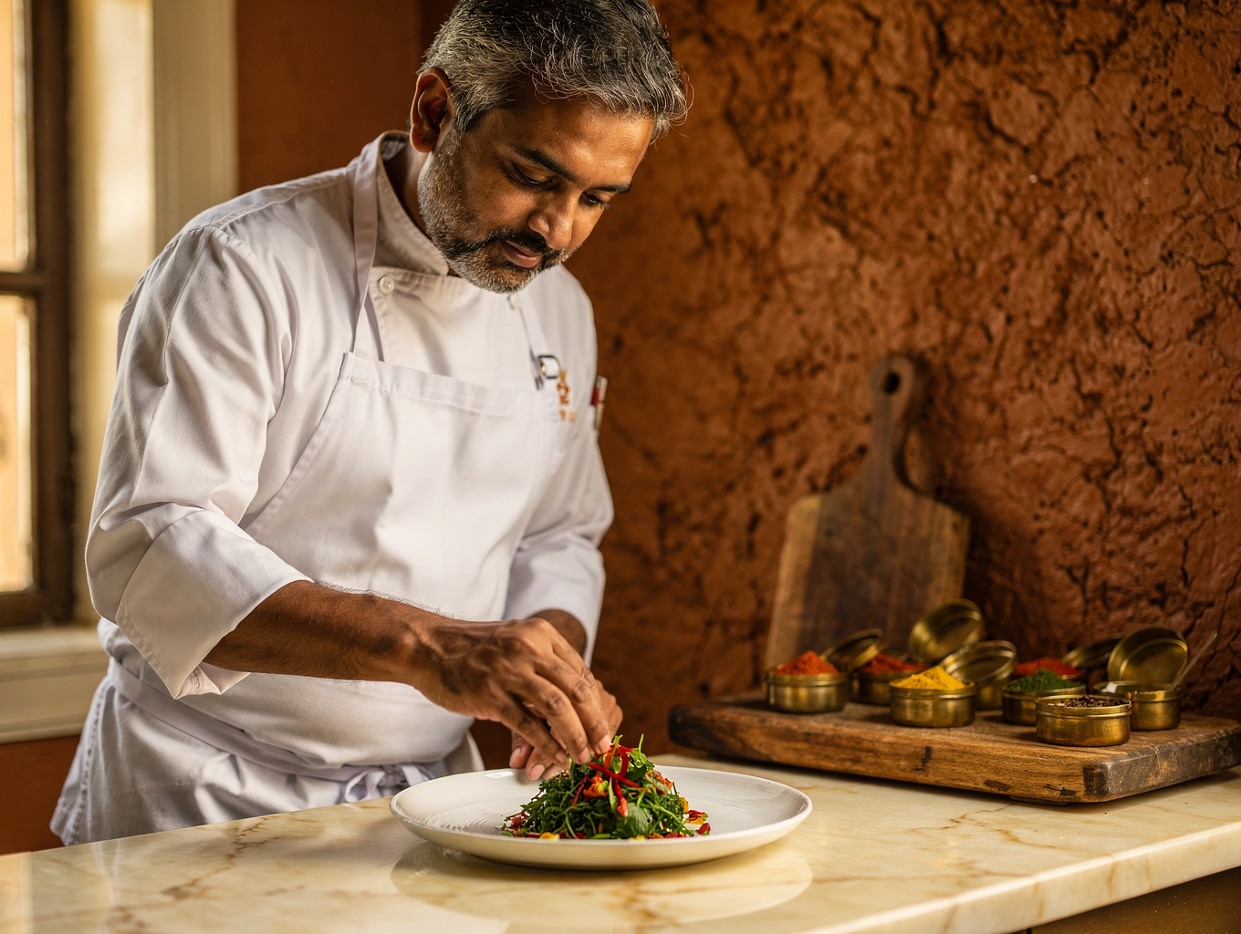 Chef garnishing artisan South Indian feast in ambient dining room