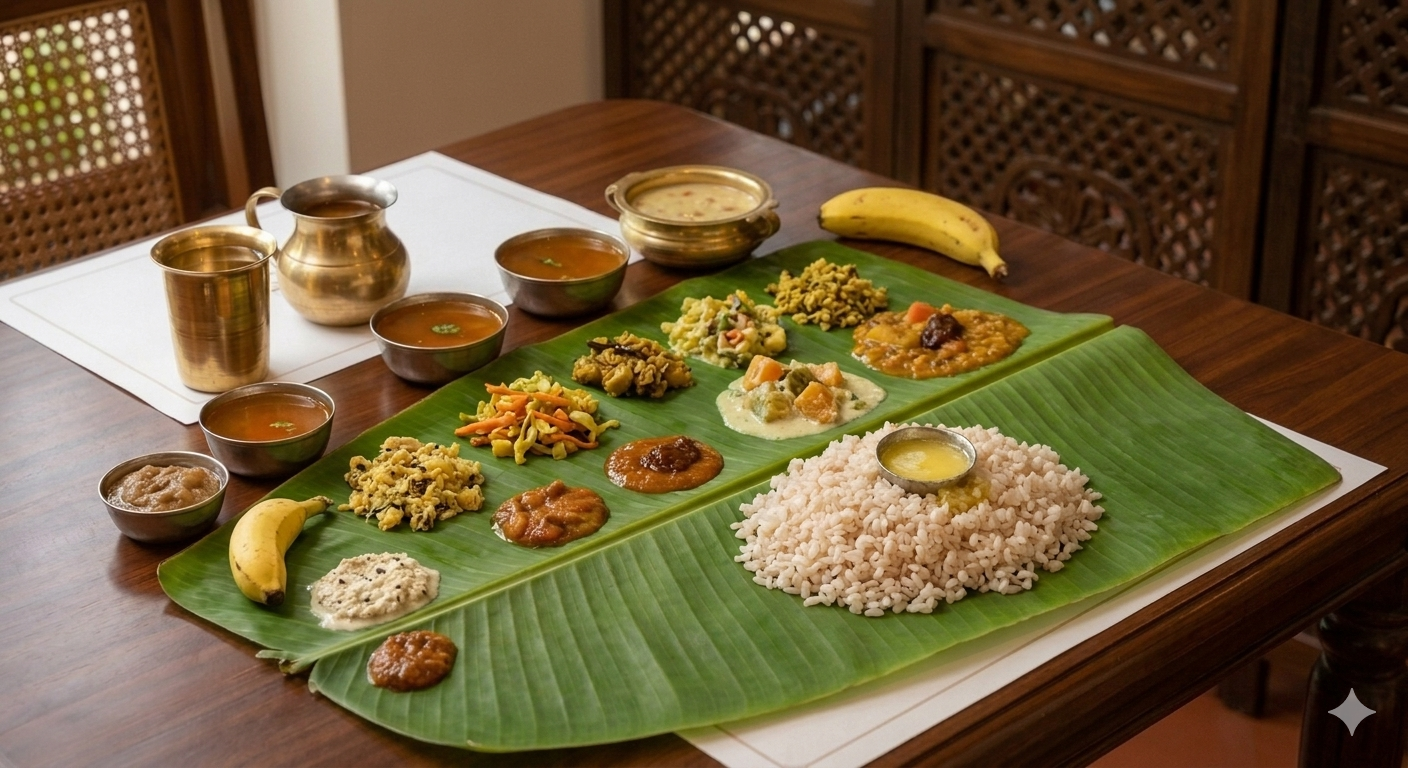 Traditional Udupi thali served on a banana leaf