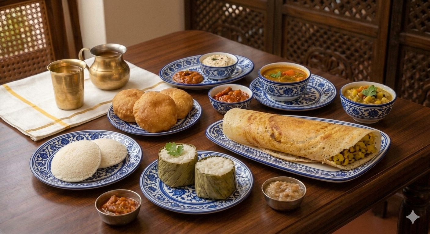 Freshly prepared South Indian breakfast delicacy featuring golden dosas, fluffy idlis, crispy medu vada, and house chutneys